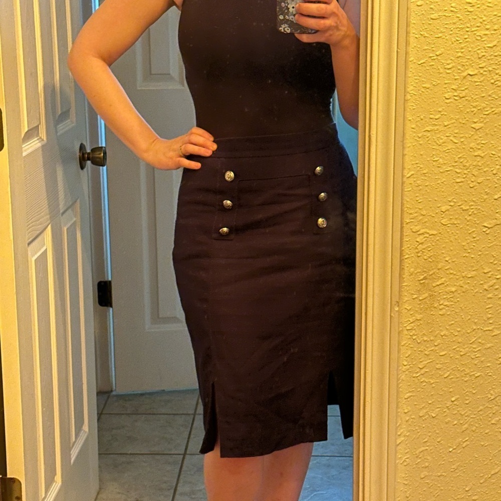 Tahari Navy Textured Cotton Nautical Sailor Button Pencil Skirt